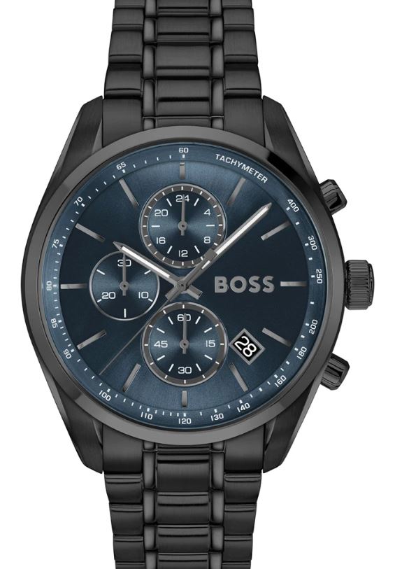 Hugo Boss Gents Grand Prix Quartz Chronograph Watch 44mm Blue Dial with Black Ionic Plated Bracelet