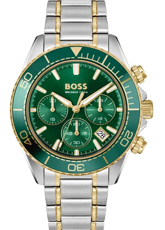 Hugo Boss Gents Sealiner Quartz Chronograph Watch 44mm Green Dial with Stainless Steel and Yellow Gold Plated Bracelet
