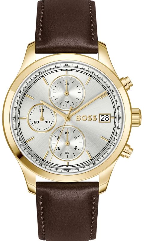 Hugo Boss Gents Stratus Quartz Chronograph Watch 41mm Silver Tone Dial with Yellow Gold Plated Case and Brown Leather Strap