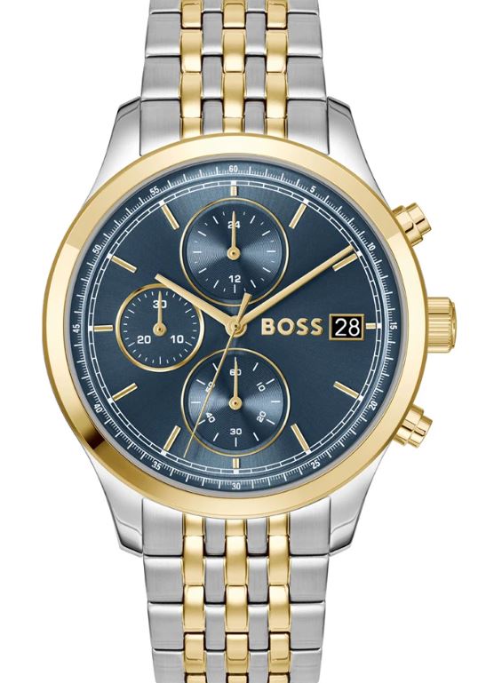 Hugo Boss Gents Stratus Quartz Chronograph Watch 41mm Blue Dial with Stainless Steel and Yellow Gold Plated Bracelet