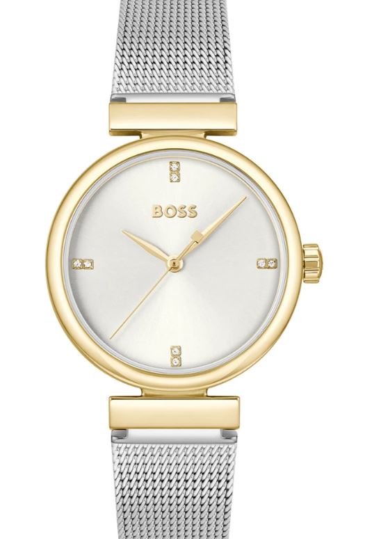Hugo Boss Ladies Rosehill Quartz Watch 32mm Yellow Gold Plated Case Silver Tone Dial with Cubic Zirconia Indexes