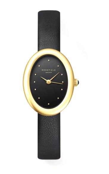 Rosefield Ovale Quartz Watch 22x29mm Black Dial with Black Leather Strap