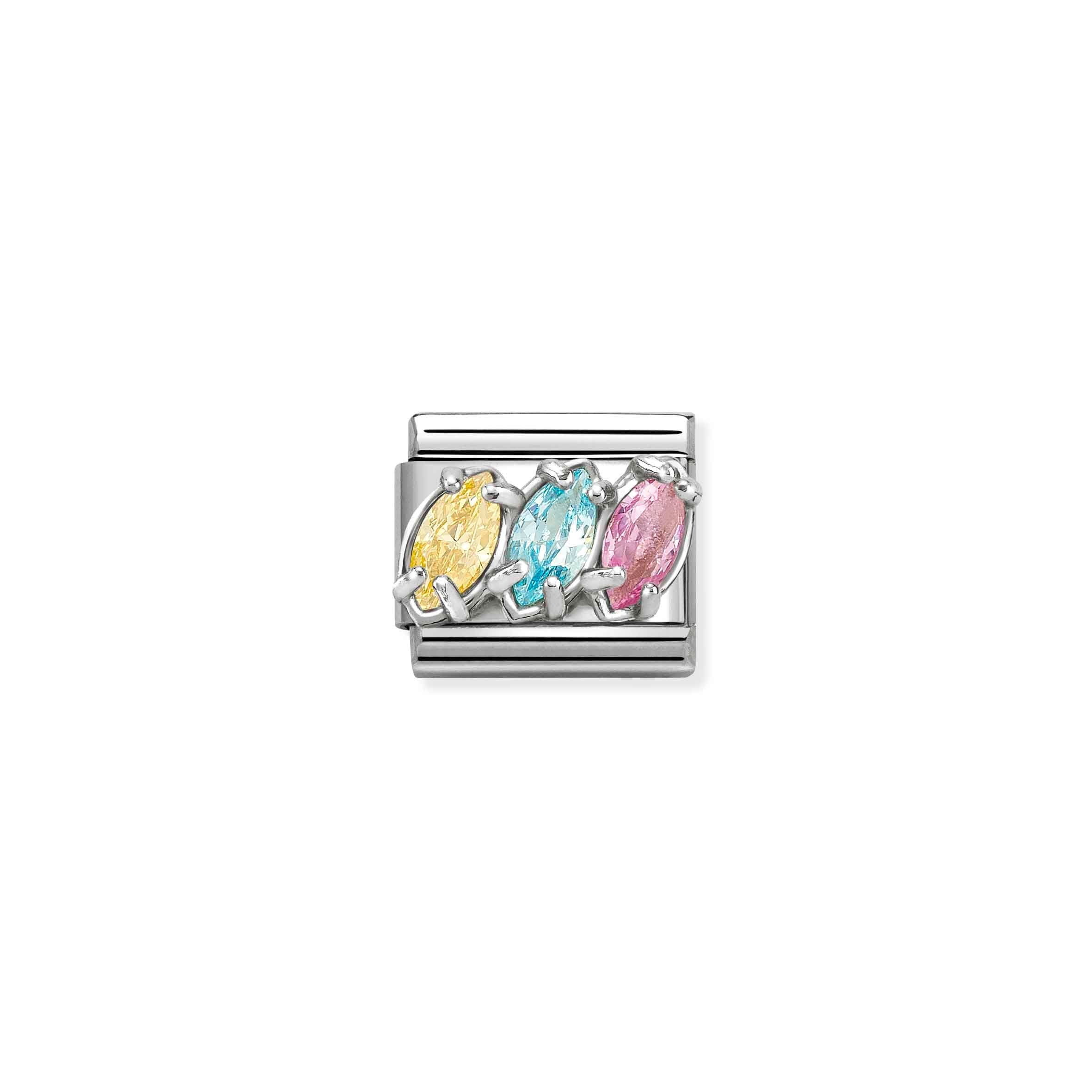 Nomination Composable Classic Trilogy Yellow, Light Blue & Pink Cubic Zirconia Drop Charm - Stainless Steel & Sterling Silver