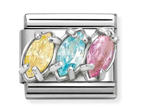 Nomination Composable Classic Trilogy Yellow, Light Blue & Pink Cubic Zirconia Drop Charm - Stainless Steel & Sterling Silver