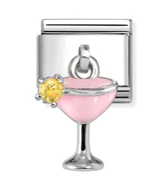 Nomination Composable Classic Hanging Pink Cocktail Glass Charm - Stainless Steel & Sterling Silver with Enamel & Cubic Zirconia