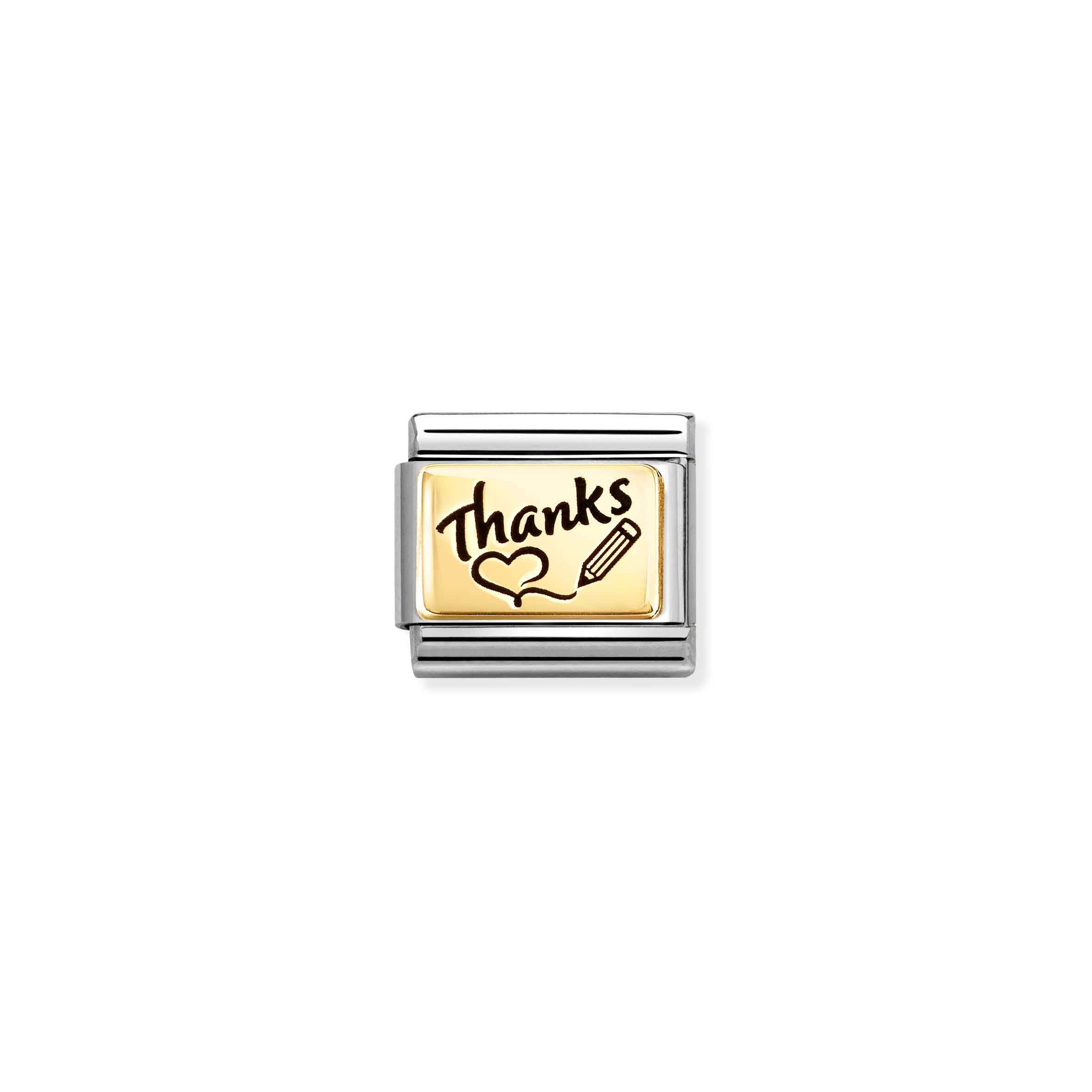 Nomination Composable Classic Thanks Heart & Pencil Plate Charm - Stainless Steel & Yellow Gold