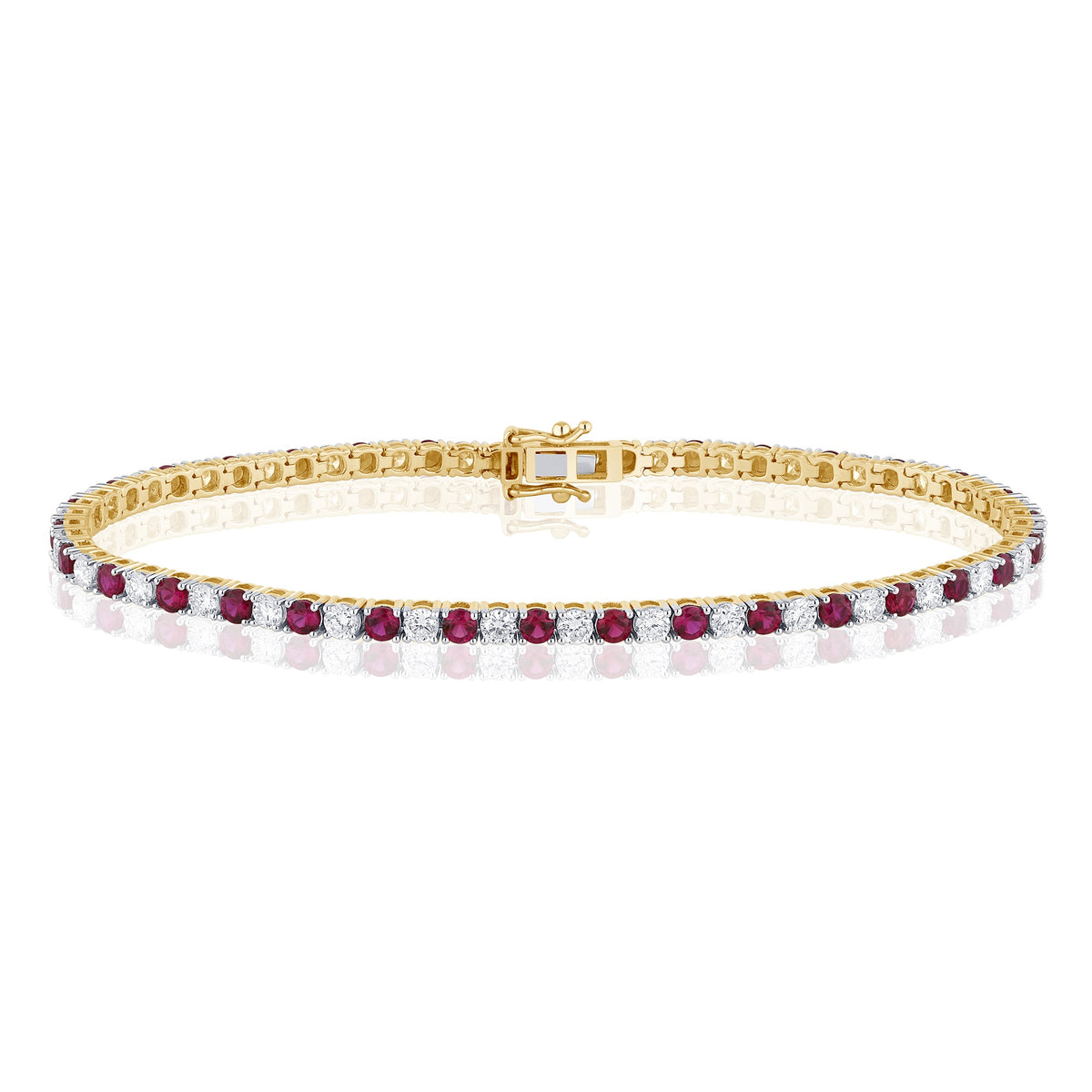 9ct Yellow Gold Lab Grown Ruby And Diamond Tennis Bracelet, White Gold Claws