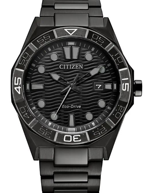 Citizen Gents Brycen Eco-Drive Watch 42mm Black Ion Plated with Patterned Black Dial