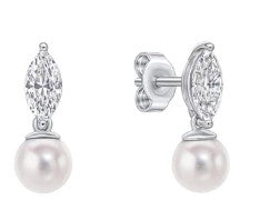 Diamondfire Sterling Silver Marquise Cut CZ And Synthetic Pearl Drop Earrings