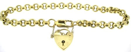 Vintage 9ct Yellow Gold Round Belcher Link Bracelet With Padlock And Safety Chain