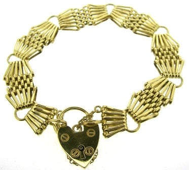Vintage 9ct Yellow Gold 6 Bar Gate Bracelet With Padlock And Safety Chain