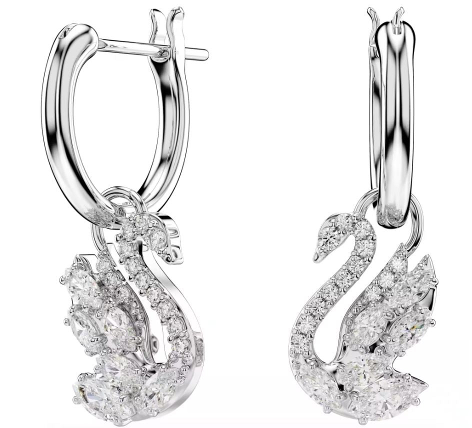 Swarovski Swan Drop Hoop Earrings, Mixed Cuts, Swan, White, Rhodium Plated