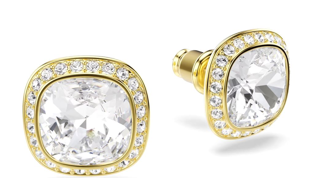 Swarovski Una Angelic Stud Earrings, Cushion Cut, White, Gold Tone Plated