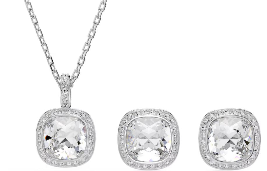 Swarovski Una Angelic Set Of Necklace And Earrings, Cushion Cut, White, Rhodium Plated