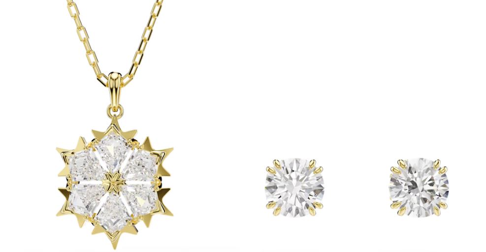 Swarovski Magic Set Of Necklace And Earrings, Mixed Cuts, Snowflake, White, Gold Tone Plated