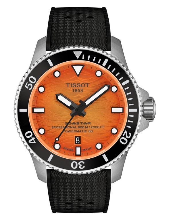 Tissot Gents Seastar 2000 Powermatic 80 Watch 44mm Orange Dial with Black Rubber Strap