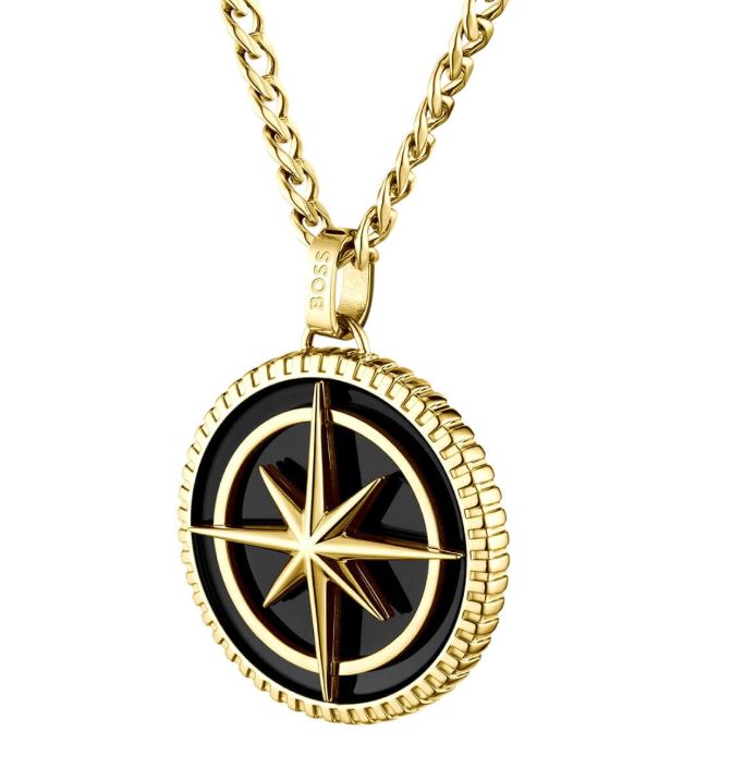 Hugo Boss Stainless Steel Yellow Gold Tone North Star Pendant with Black Fill on 22 Inch Curb Chain