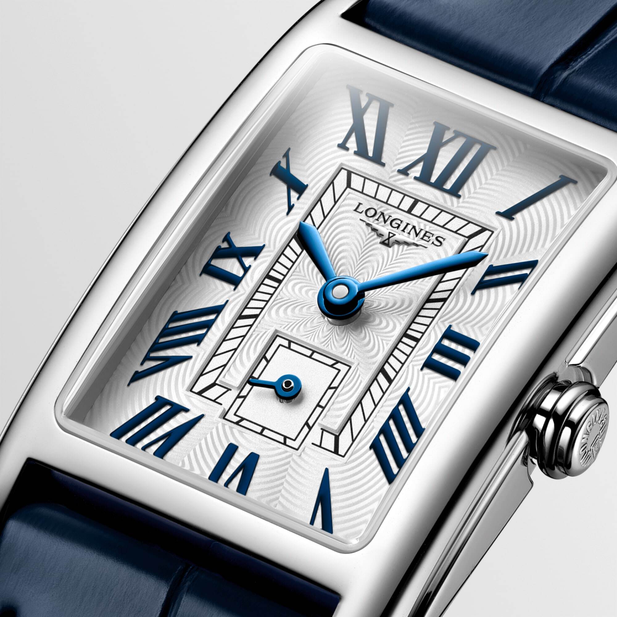 Longines DolceVita 32mm Silver Flinqué Dial Blue Leather Strap Quartz Ladies Watch