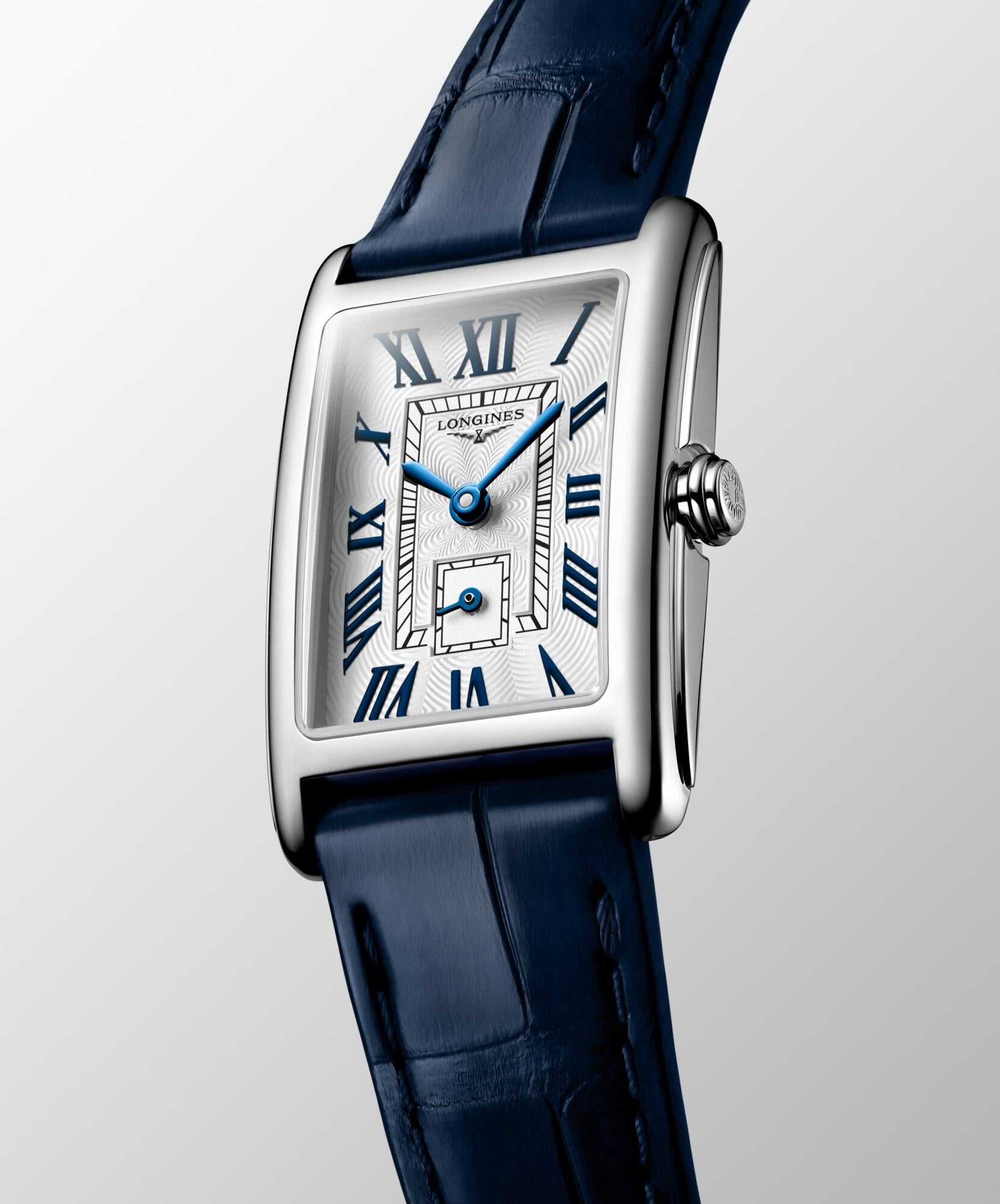Longines DolceVita 32mm Silver Flinqué Dial Blue Leather Strap Quartz Ladies Watch