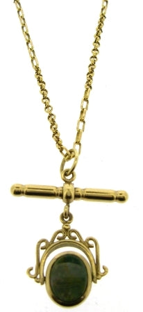 Vintage 9ct Yellow Gold Belcher Figaro Link T/Bar Chain With Carnelian & Bloodstone Swivel Pendant 20.5'