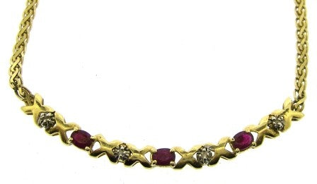 Vintage 9ct Yellow Gold Ruby And Diamond Necklet