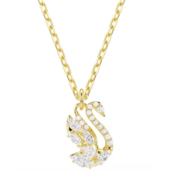 Swarovski Swan Pendant, Mixed Cuts, Swan, White, Gold Tone Plated