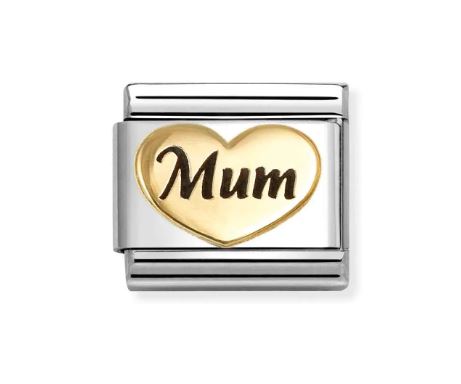 Nomination Composable Classic 'Mum' Engraved Heart Charm - Stainless Steel & Yellow Gold with Black Enamel