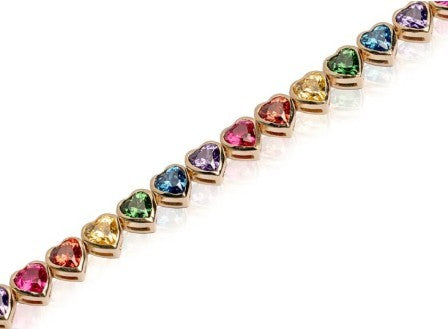 Vintage 18ct Rose Gold Heart Shape Multicolored Zirconium Bezel Set Rainbow Tennis Bracelet 7.25'