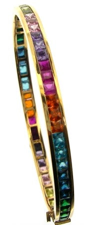 Vintage 18ct Rose Gold Multicolored Zirconium Channel Set Rainbow Bangle