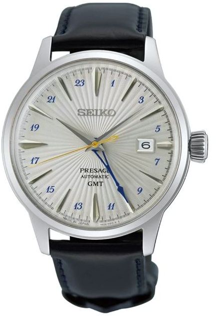Seiko Presage Cocktail Time GMT 'Silver Bullet' 40.5mm Silver Dial Black Leather Strap Automatic Mens Watch