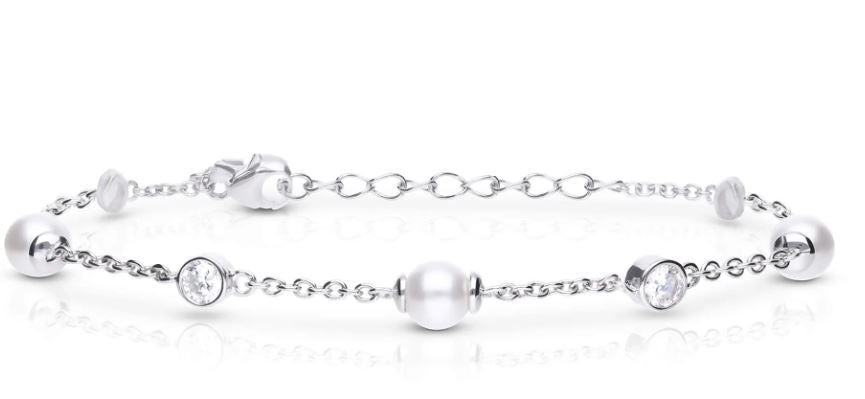 Diamondfire Sterling Silver Shell Pearl And CZ Station Bracelet 17-20cm