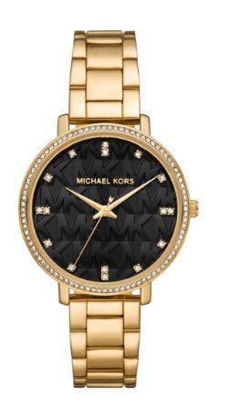 Michael Kors Ladies Pyper Quartz Watch 38mm Yellow Gold Plated Black Dial with Stone Set Bezel