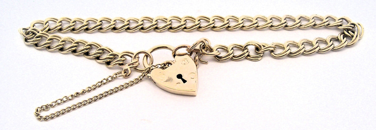 Vintage 9ct Yellow Gold Double Curb Link Bracelet With Padlock And Safety Chain