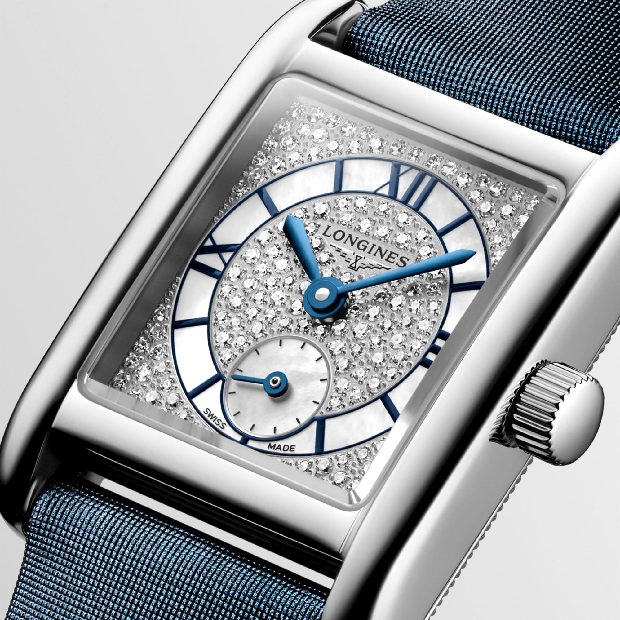 Longines Mini DolceVita 29mm Mother of Pearl Dial Blue Leather Strap Quartz Ladies Watch