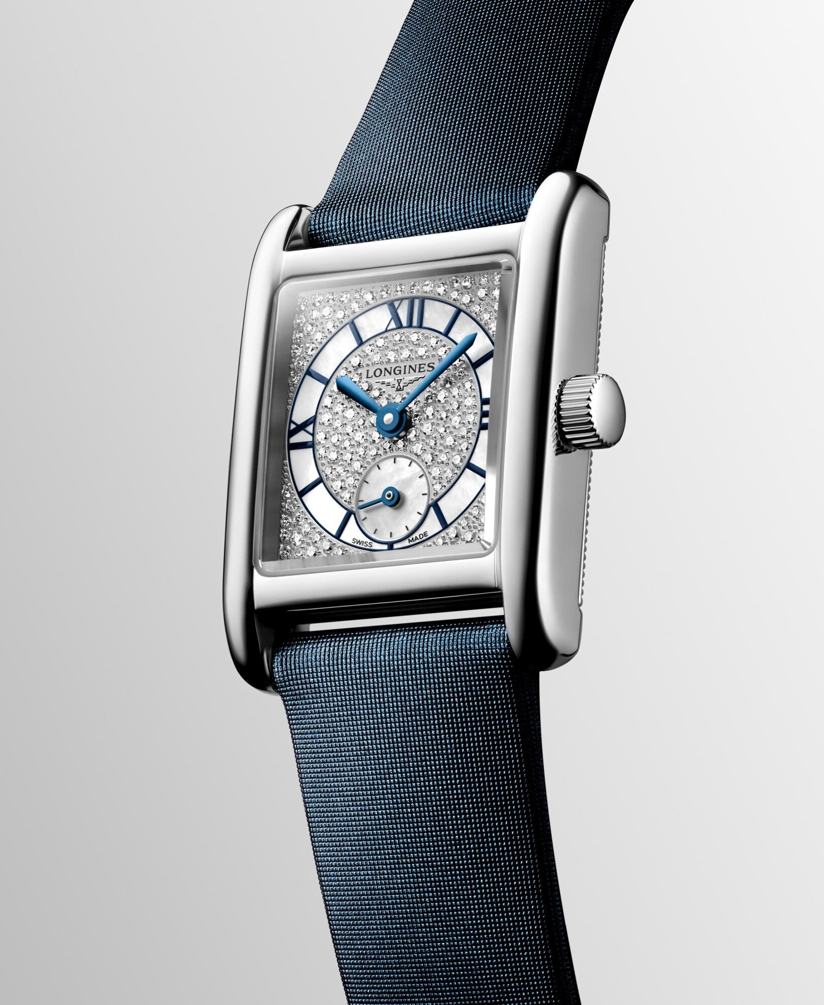 Longines Mini DolceVita 29mm Mother of Pearl Dial Blue Leather Strap Quartz Ladies Watch