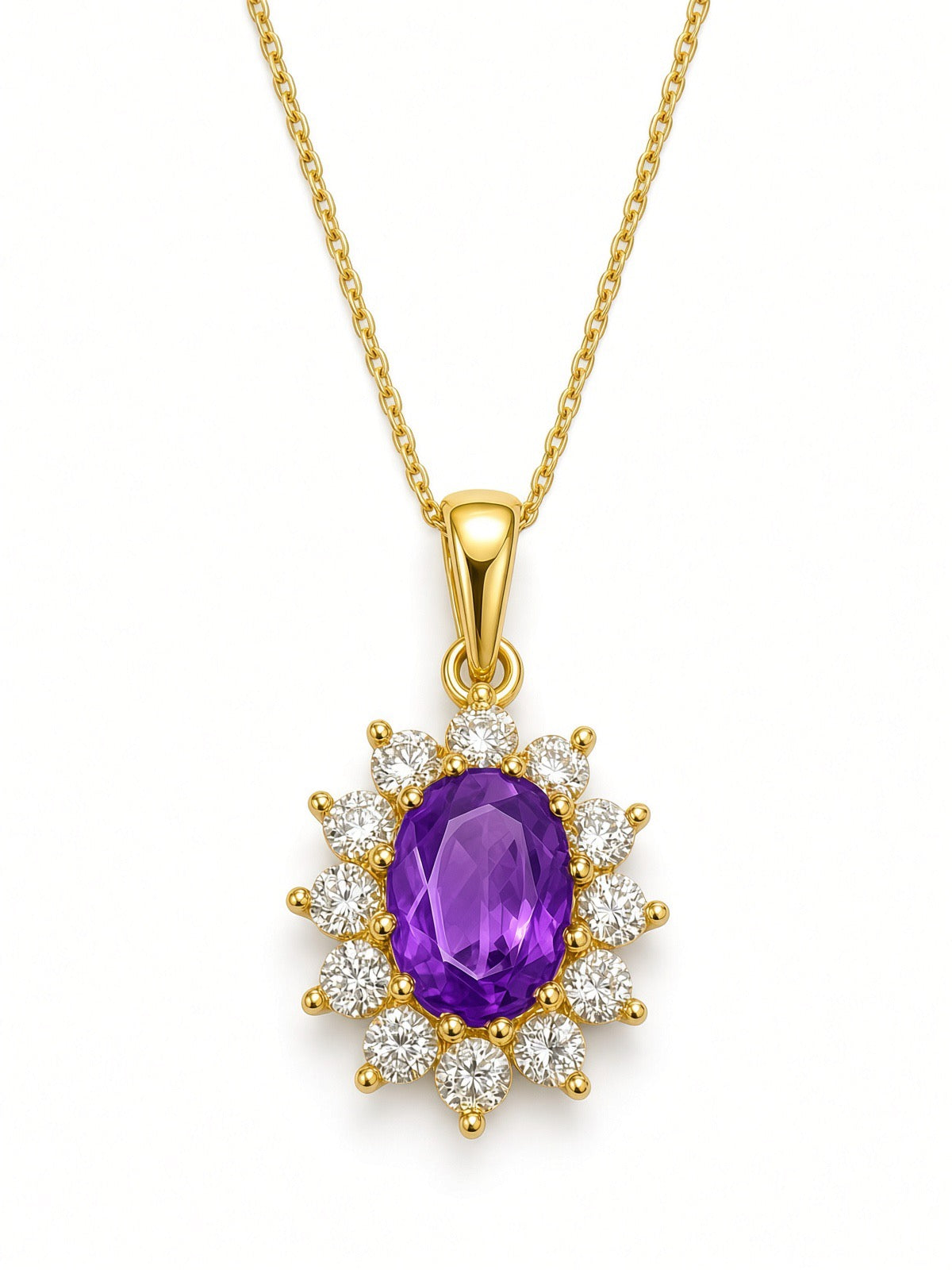 9ct Yellow Gold Amethyst And Cubic Zirconia Cluster Pendant 17-18"