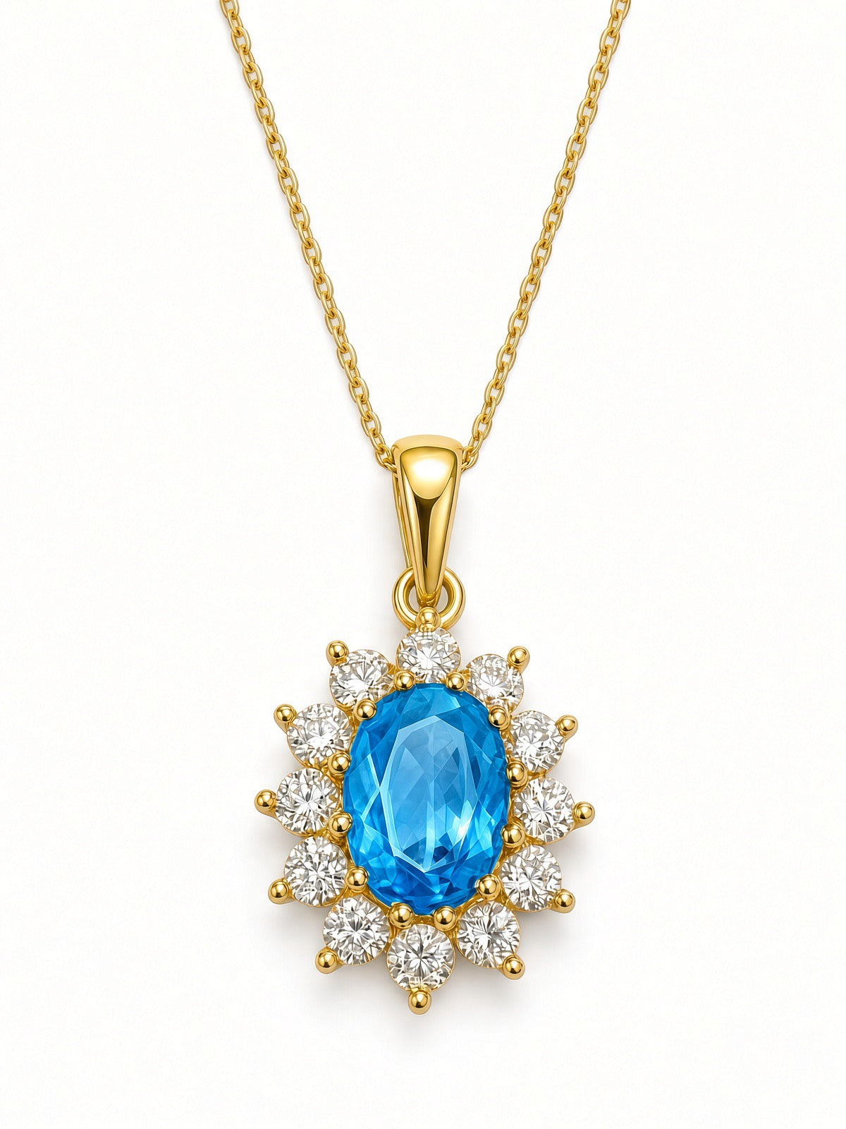 9ct Yellow Gold Sky Blue Topaz And Cubic Zirconia Cluster Pendant 17-18"