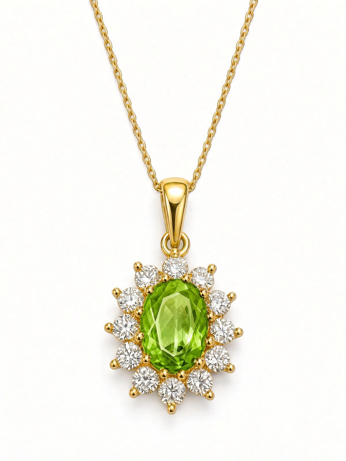 9ct Yellow Gold Peridot And Cubic Zirconia Cluster Pendant 17-18"