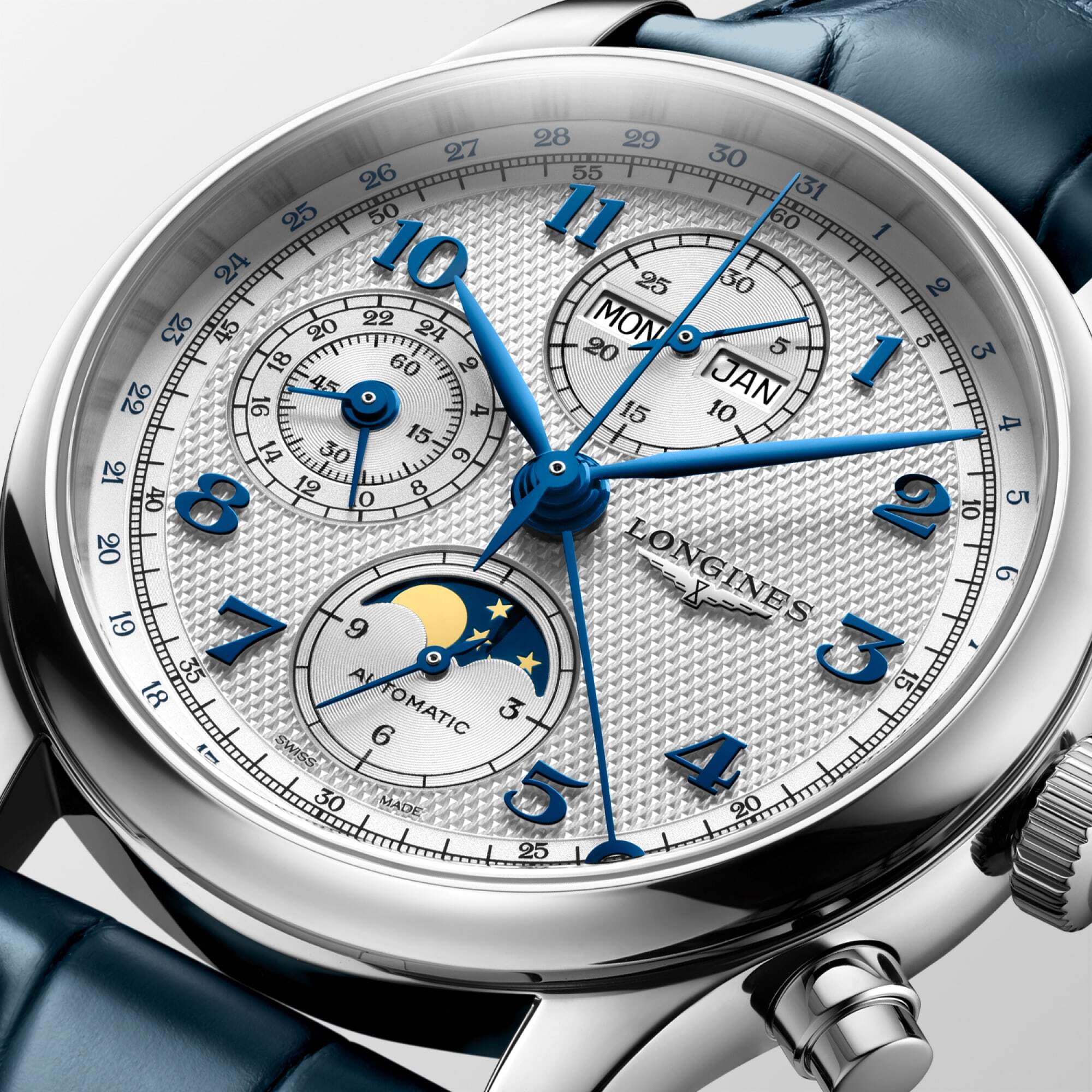 Longines Master Collection 41mm Silver Dial Automatic Chronograph Moon Phase Mens Watch