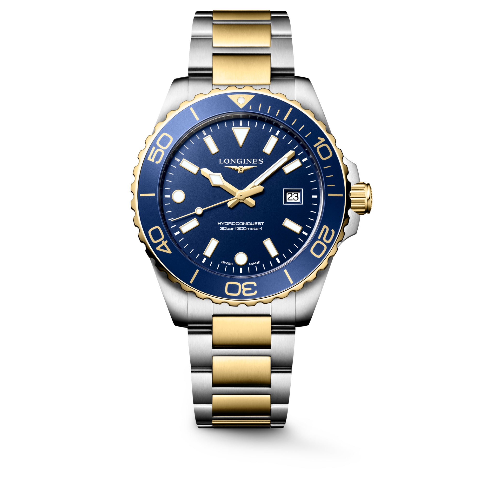 Longines HydroConquest 42mm Blue Bezel Yellow Gold PVD Bracelet Quartz Mens Watch
