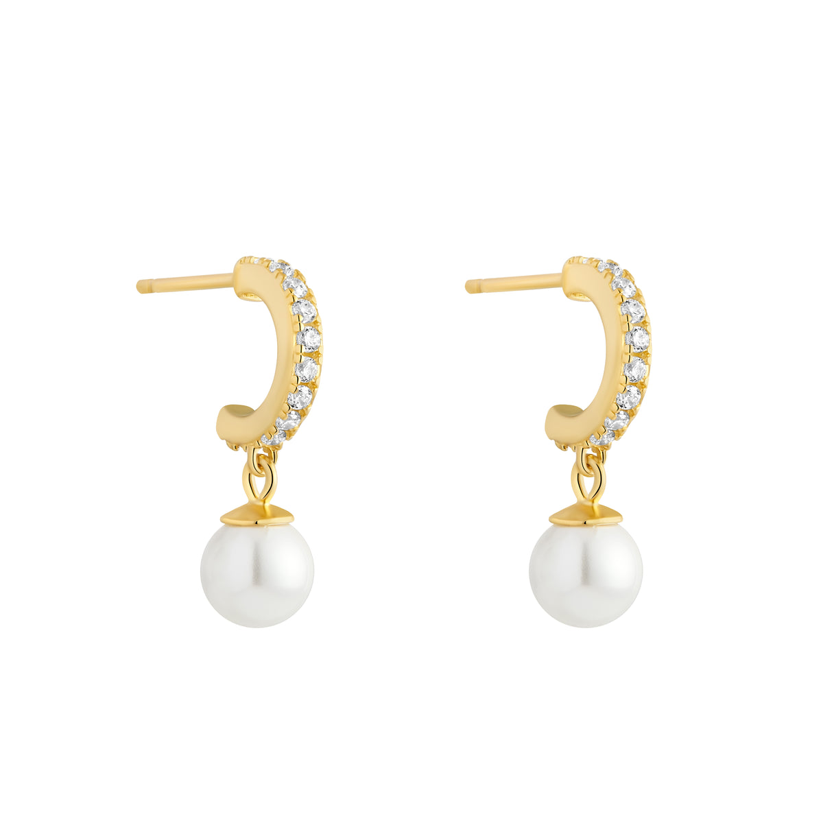 Sterling Silver Yellow Gold Plated Cubic Zirconia Half Hoop Stud Earrings With Drop Synthetic Pearl