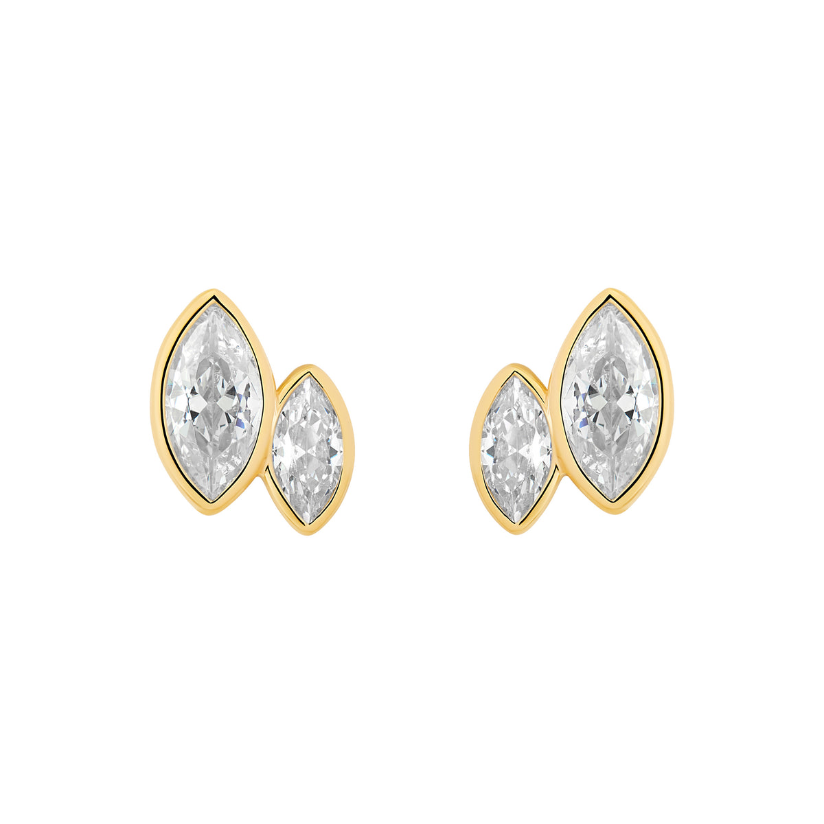 Sterling Silver Yellow Gold Plated Double Marquize Cut Cubic Zirconia Bezel Set Stud Earrings