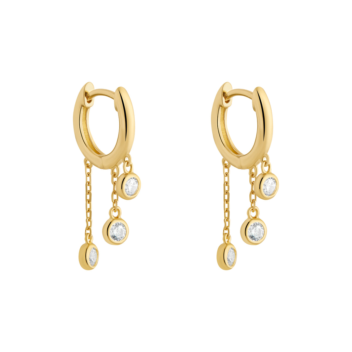 Sterling Silver Yellow Gold Plated Cubic Zirconia Chain Drop Hoop Earrings 12mm