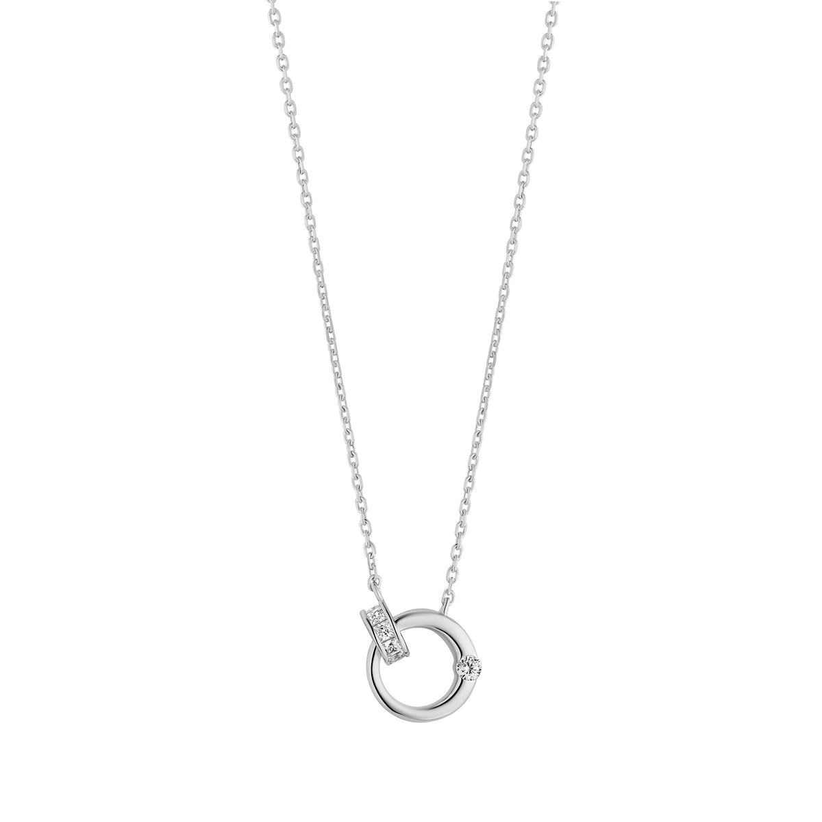 Sterling Silver Cubic Zirconia And Plain Interlocking Circle Necklace 15-17"