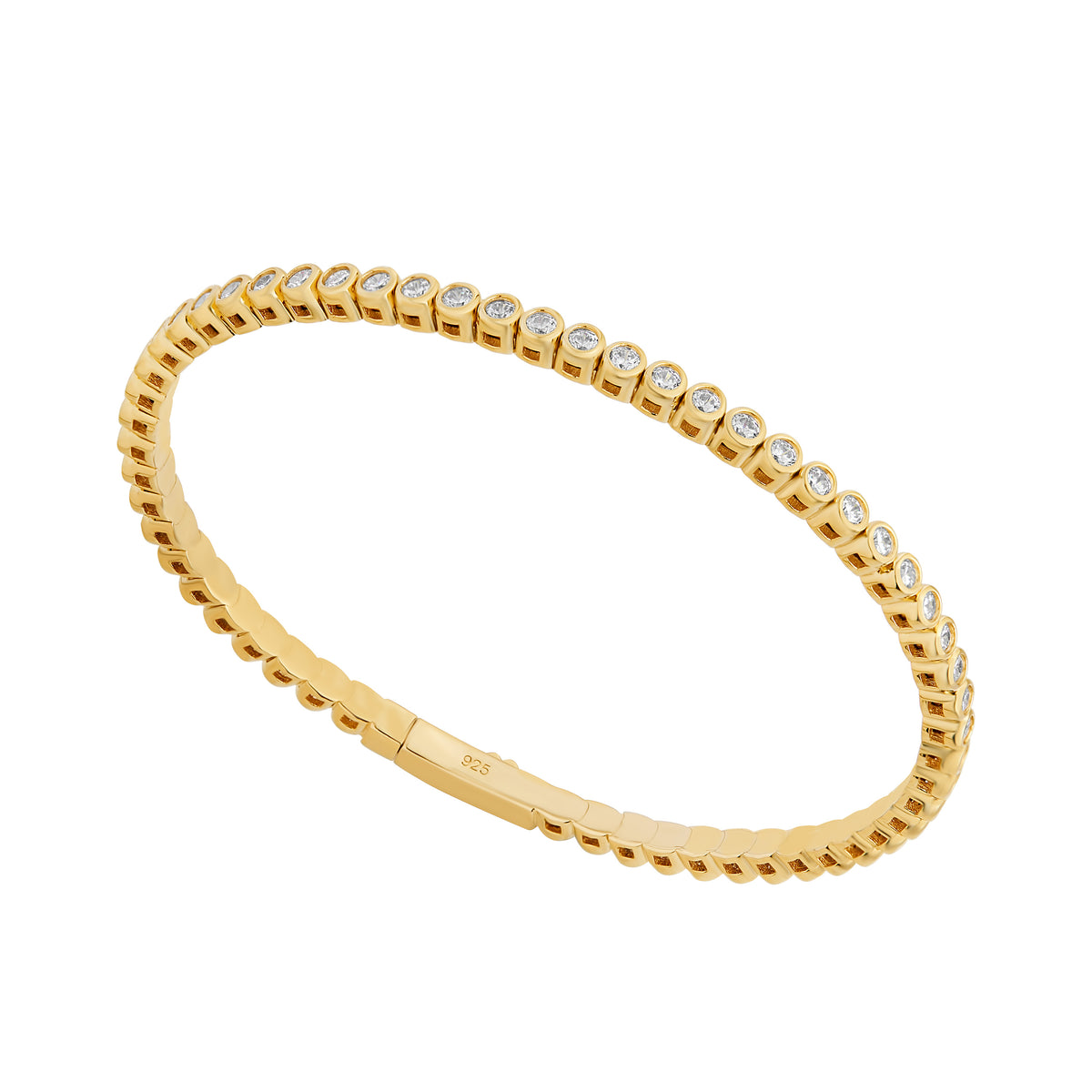 Sterling Silver Yellow Gold Plated Cubic Zirconia Rubover 3mm Tennis Bracelet 18.5cm