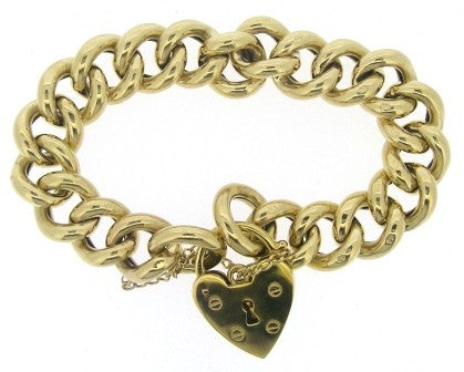 Vintage 9ct Yellow Gold Curb Link Bracelet With Padlock And Safety Chain