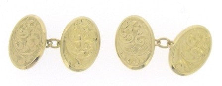Vintage 9ct Yellow Gold Engraved Oval Cufflinks With Chain Link