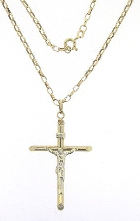 Vintage 9ct Yellow and White Gold Crucifix Pendant with Belcher Chain 19'