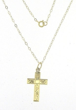 Vintage 9ct Yellow Gold Engraved Cross Pendant with Chain 17.5'