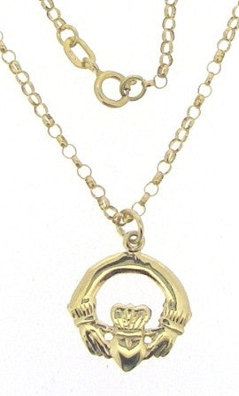 Vintage 9ct Yellow Gold Claddagh Pendant with Chain 18.5'